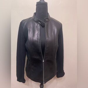 Ann Taylor Black Leather Jacket with Knit Sleeves | genuine leather & wool